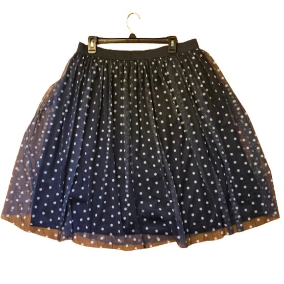Est.1946 Midi Skirt Pleated Navy Polka Dot Circle with Mesh Overlay, size Large - Picture 1 of 7